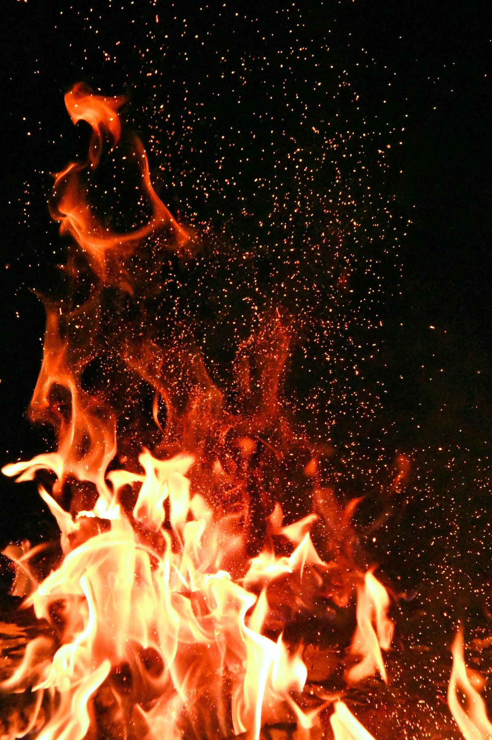 Home Vivid orange flames and sparks dance against a mysterious black backdrop.